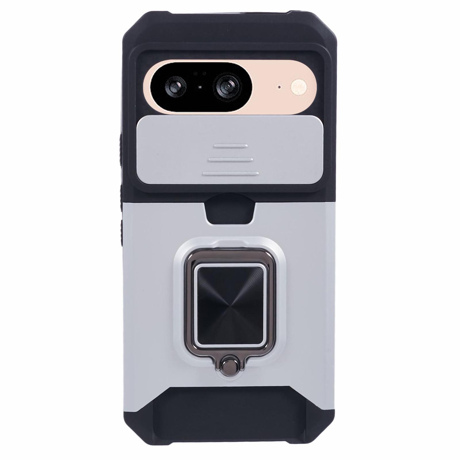 

For Google Pixel 9/Pixel 9 Pro Case Card Holder PC+TPU Kickstand Phone Cover with Lens Protection Silver