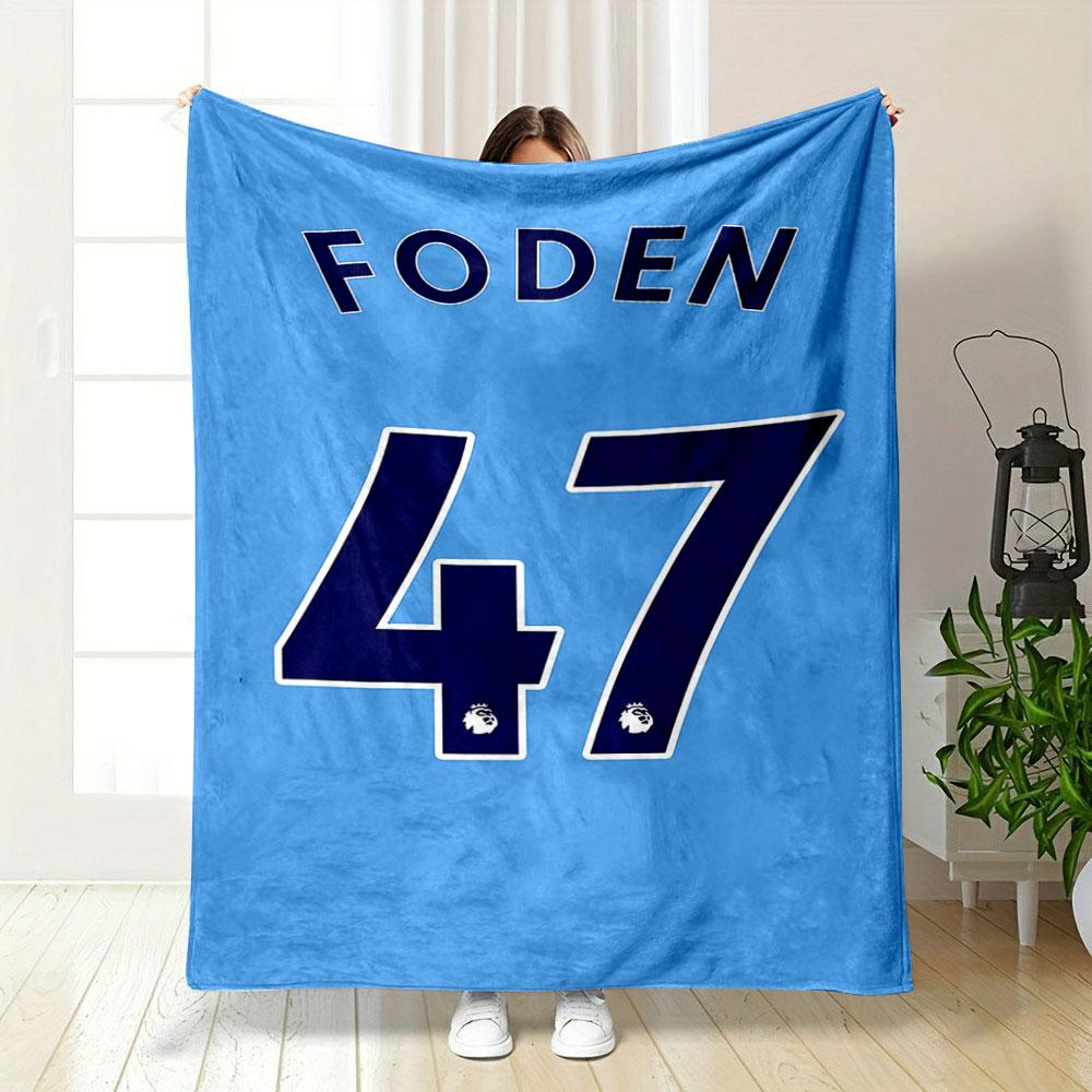Blue background with "FODEN" and large navy "47" outlined in white. for all seasons blanket lunch break throw gift