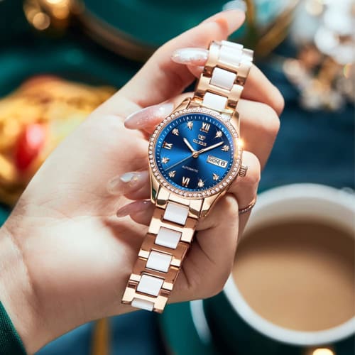 OLEVS Women's Stylish Mechanical Wristwatch with Date Display, Popular Fashionable Dial, and Bracelet, Ceramic Watch, Blue