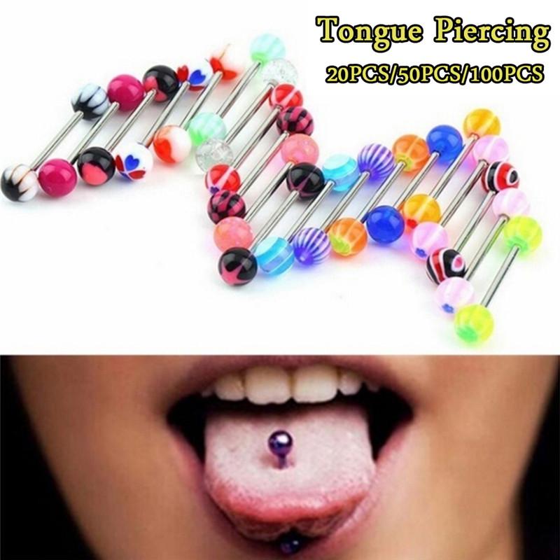 20/50/100Pcs Tongue Bars Surgical Steel Barbell Rings Ball Body Piercing Jewelry