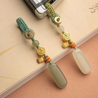 Creative Natural Hetian Jade Car Key Ring Personality Pendant Peace Key Pendants Tranquility Green Mobile Phone Chain Couple