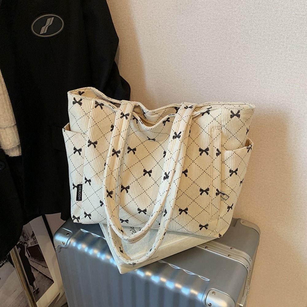 INS Corduroy Tote Bag Large Capacity Korean Style Travel Shoulder Bag with Handle Multi-Pockets Portable Handbag Daily Use