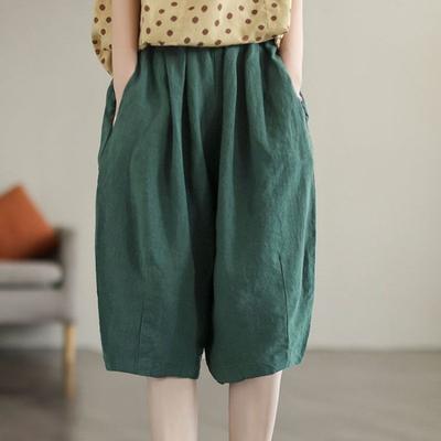 Vintage Baumwolle und Leinen Lässige Weitbeinshorts für Damen Sommer Elastischer Bund Übergröße Shorts Damen Elegant Schlicht Einfarbig Locker Kurze Hosen 24657