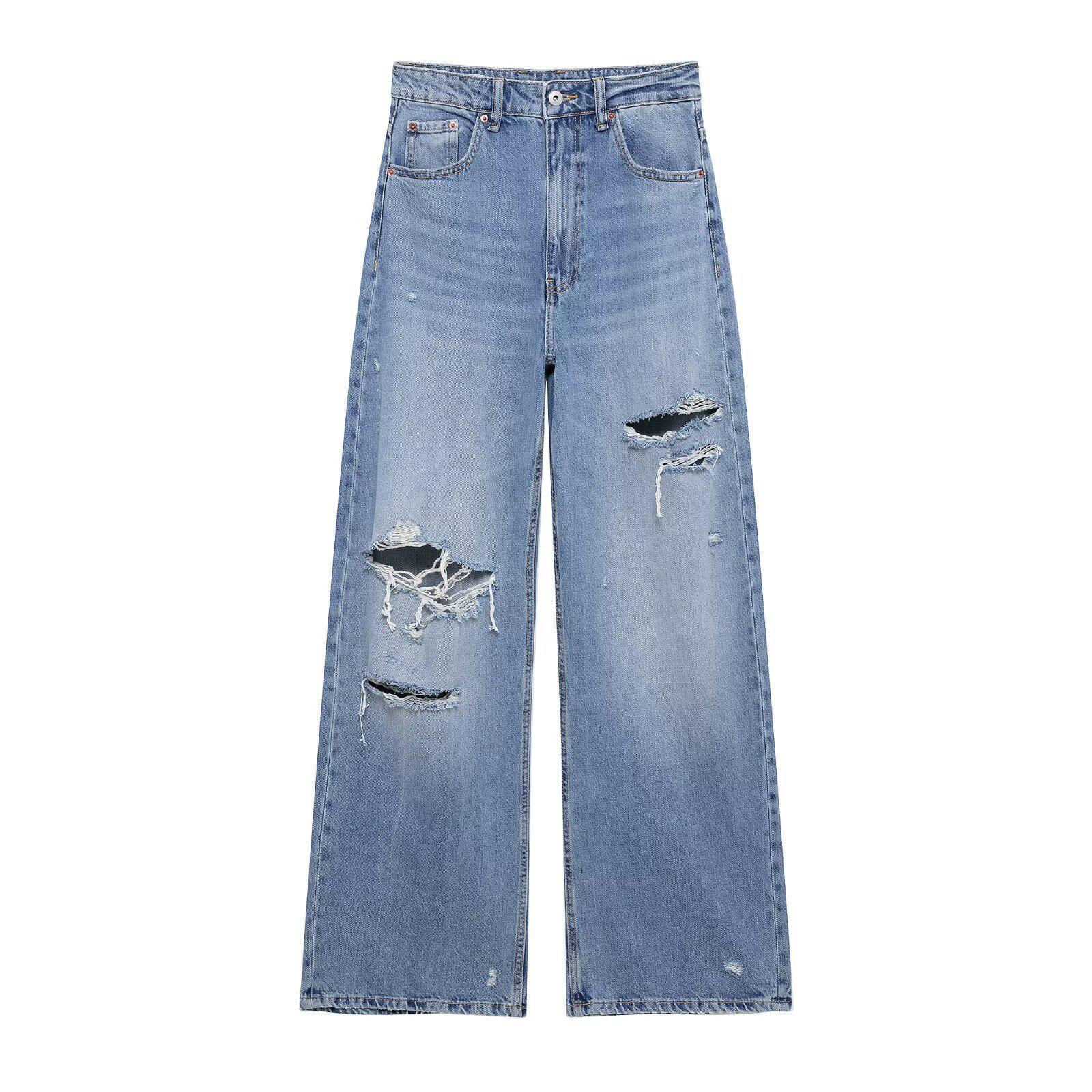 

Весна 2025 Женские Европейско-Американские Рваные Джинсы Свободного Кроя Средней Посадки Medium синий