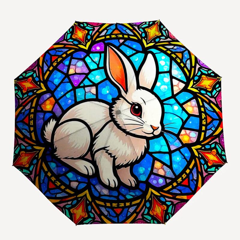 1pc Stained Glass Rabbit Design Automatic Opening/Closing Umbrella - Portable 3-Fold Design, 8-Bone Iron Frame Outdoor Umbrella - Perfect Gift for Fan