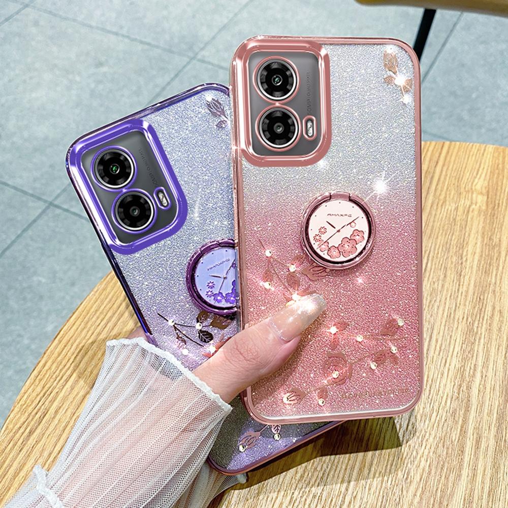 KADEM For Motorola Moto G85 5G/S50 Neo 5G Case Ring Kickstand TPU Flowers Phone Cover Gradient Glitter