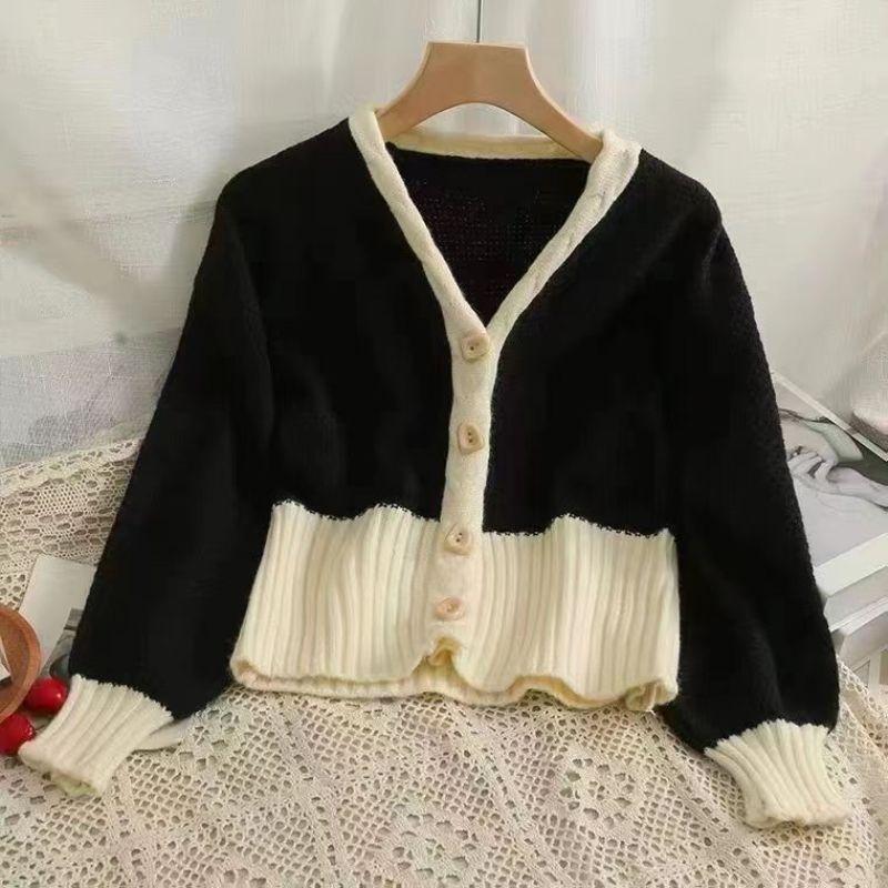 

Раннеосеннее пальто-свитер в стиле колор-блок, женский короткий дизайн, утолщенный вязаный кардиган-топ 2XL чёрный