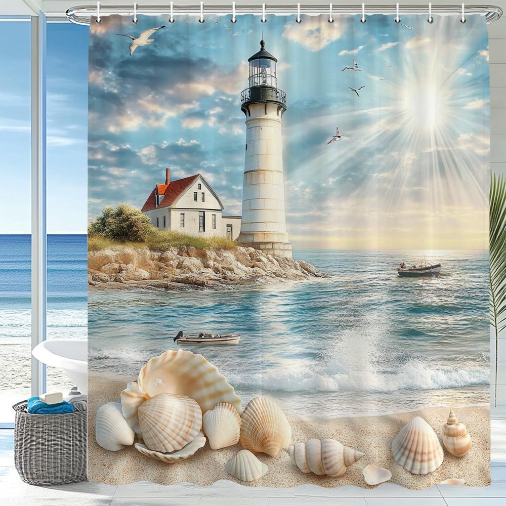 Ocean Beach Shell Starfish Printed Shower Curtain, Bathroom Decorative Shower Curtain,Waterproof Shower Curtain with Hooks