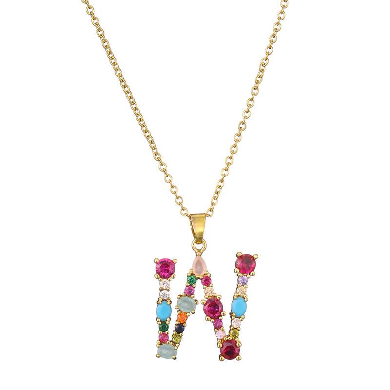 2021 Mixed Gemstone Inlaid Clavicle Necklace: 26-Letter Color-Preserving Electroplated Design for Women, Popular In Europe and America