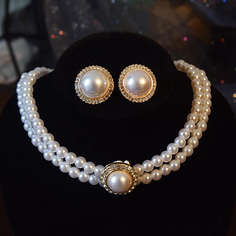 Collana Orecchini Eleganti Perle a Doppio Strato Donna Catene Vintage Classiche Raffinate Per Festa Matrimonio Dama Gioielli Retrò Choker