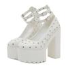 Fashion Rivet High Heel Shoes Platform Pumps for Women Studding Ankle Buckle Strap Chunky Heel White Dress Wedding Shoes