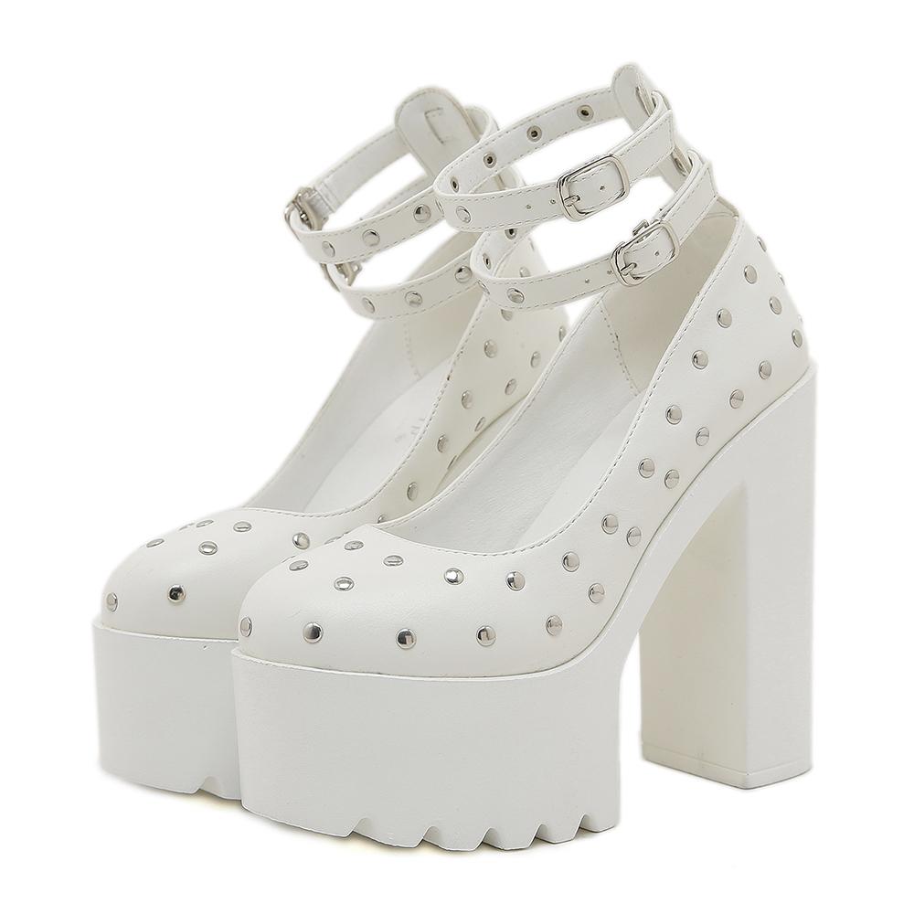 

Gdgydh Fashion Rivet High Heel Shoes Platform Pumps for Women Studding Ankle Buckle Strap Chunky Heel White Dress Wedding Shoes 35 белый