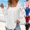 Jesień Kobiety Moda Elegancki Kwadratowy Dekolt Koronka Długi Rękaw Outwear Hollow Out Seksowne Bluzki Wakacje Sweter
