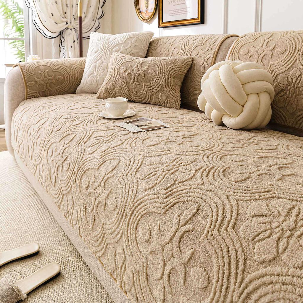 New Fixed Anti Slip Sofa Cover Fabric One-Piece Straight Row Seat Cushion Cream Wind Thickened Autumn And Winter Version