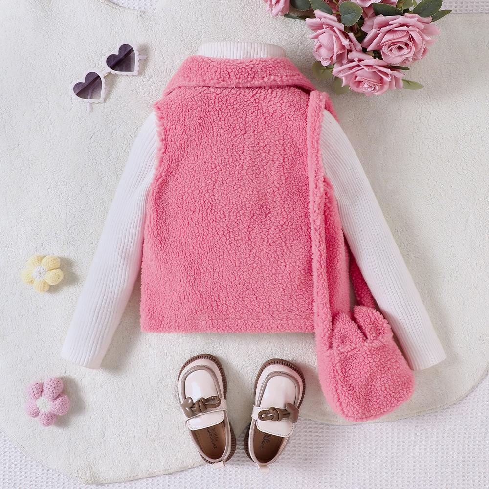 Odzież Dziecięca Dziecięca Dziewczęca Jesień i Zima Nowa Jednorzędowa Klapowana Pluszowa Kamizelka na Saszetkę