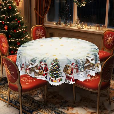 1 Piece Of Christmas Round And Rectangular Tablecloths, Available In Various Sizes, Snow Christmas Gift Pattern Party Decoration Tablecloths, Christma