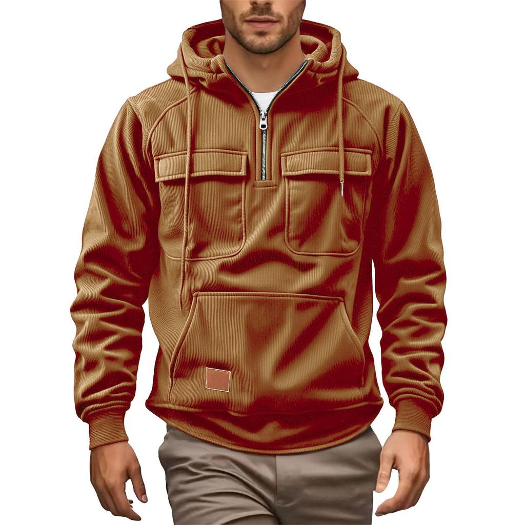 Men's Casual Multi-Pocket Zipper Hoodie - European Style for Autumn/Winter 2025