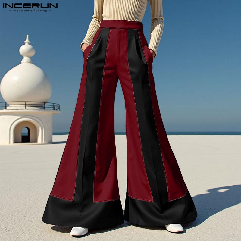 INCERUN Men's High Elastic Waist Striped Patchwork Casual Long Flare Pants Trousers