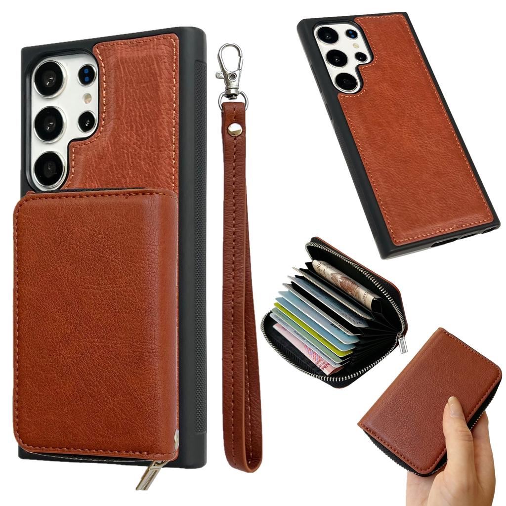 For Samsung Galaxy S25 Ultra Case Detachable Zipper Card Bag PU TPU Kickstand Phone Case with Strap