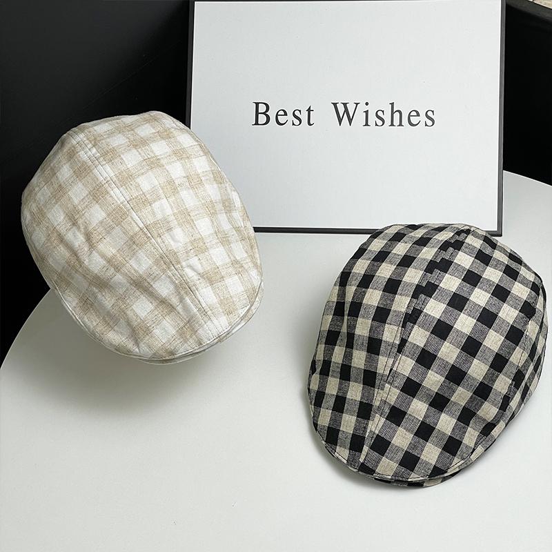New British Classic Plaid Cotton And Linen High-Quality Forward Hat Men'S And Women'S Fashion Versatile Face Beret Cap