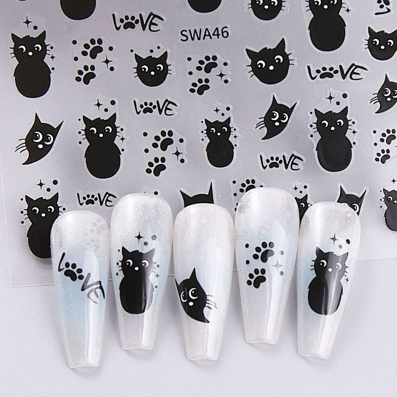 1-6pcs Black Cat Stickers Cute Cartoon Graffiti Cat Nail Stickers Art Self Adhesive Decals Heart Bowknot Stars Manicure Tools