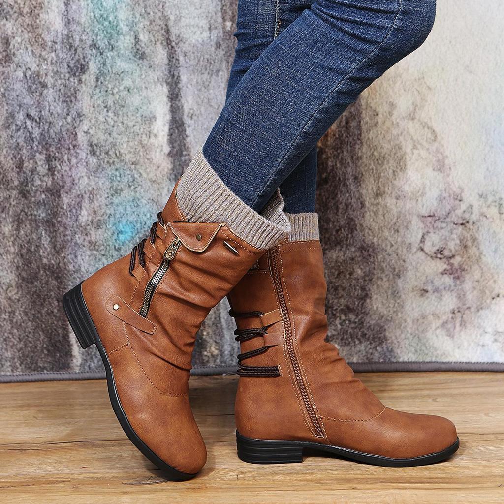 2021 Autumn/Winter Women's Plus Size Leather Boots, Round Toe with Wool Trim and Side Zip