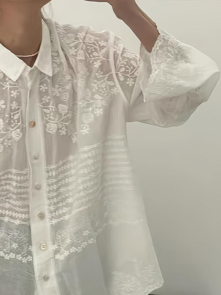 Floral Pattern Button Front Blouse, Casual Long Sleeve Blouse For Spring & Fall, Women's Clothing