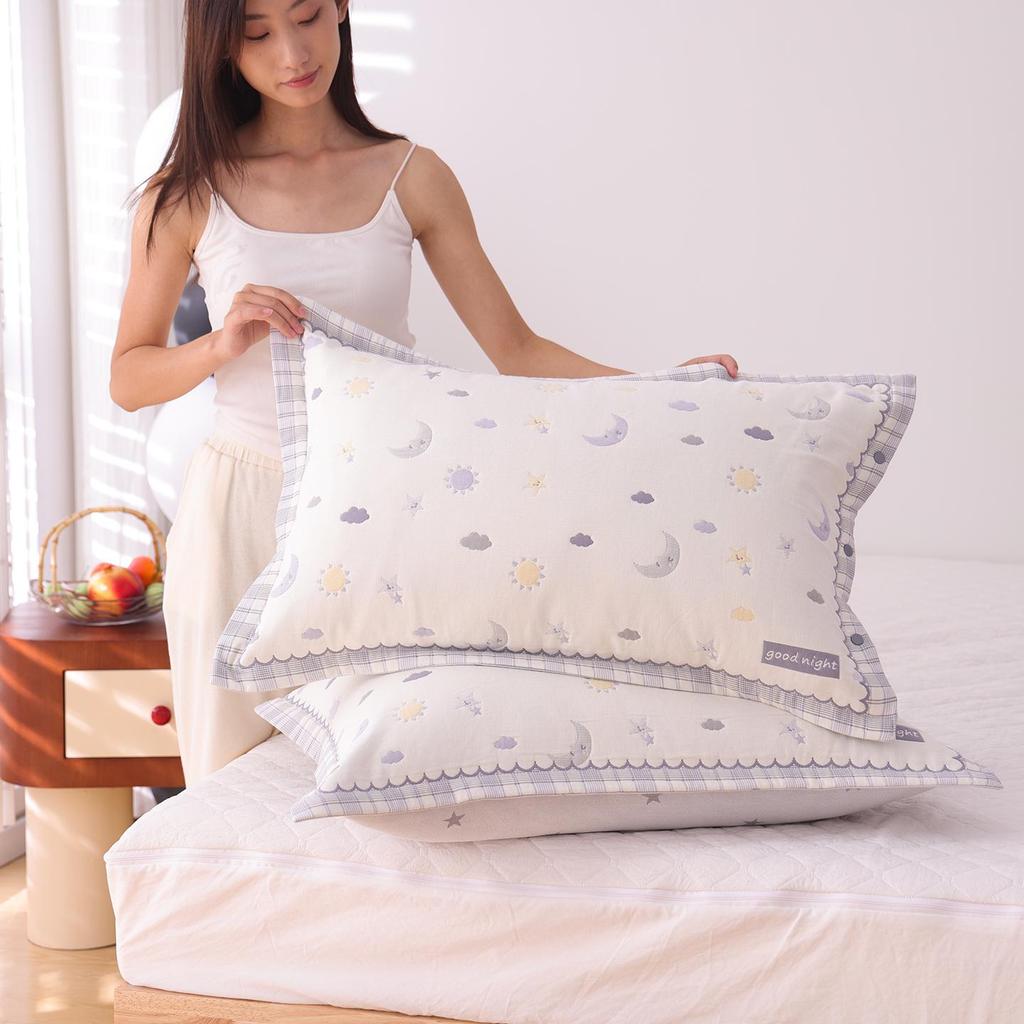 High-Density Cotton Gauze Snap Pillowcase Set - Cartoon Design, Year-Round Use, Non-Slip, Set of 2