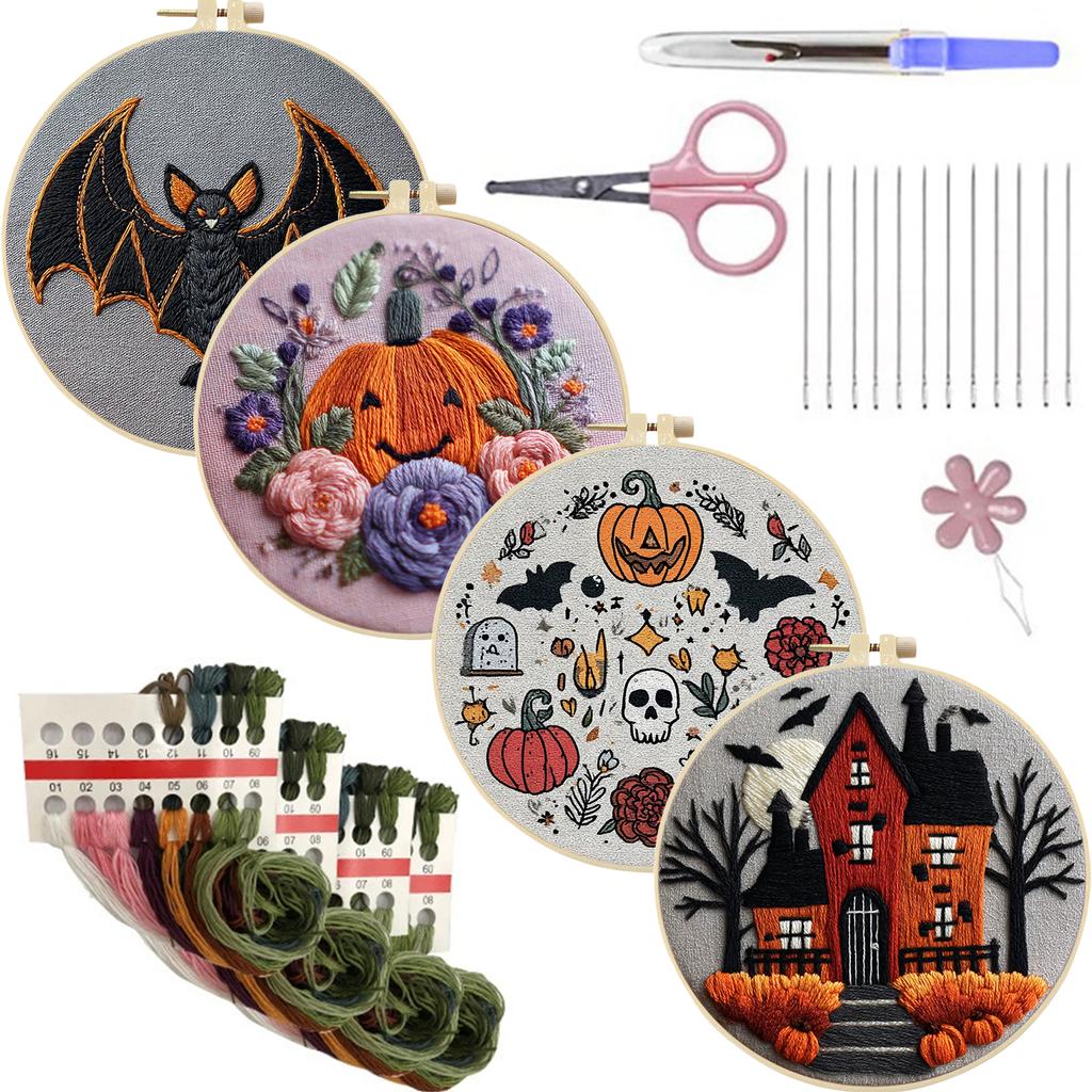 4pcs Stamped Cross Stitch Kits with Embroidery Hoop Needles Threads Instruction Cross Stitch Starter Kit with Halloween Patterns