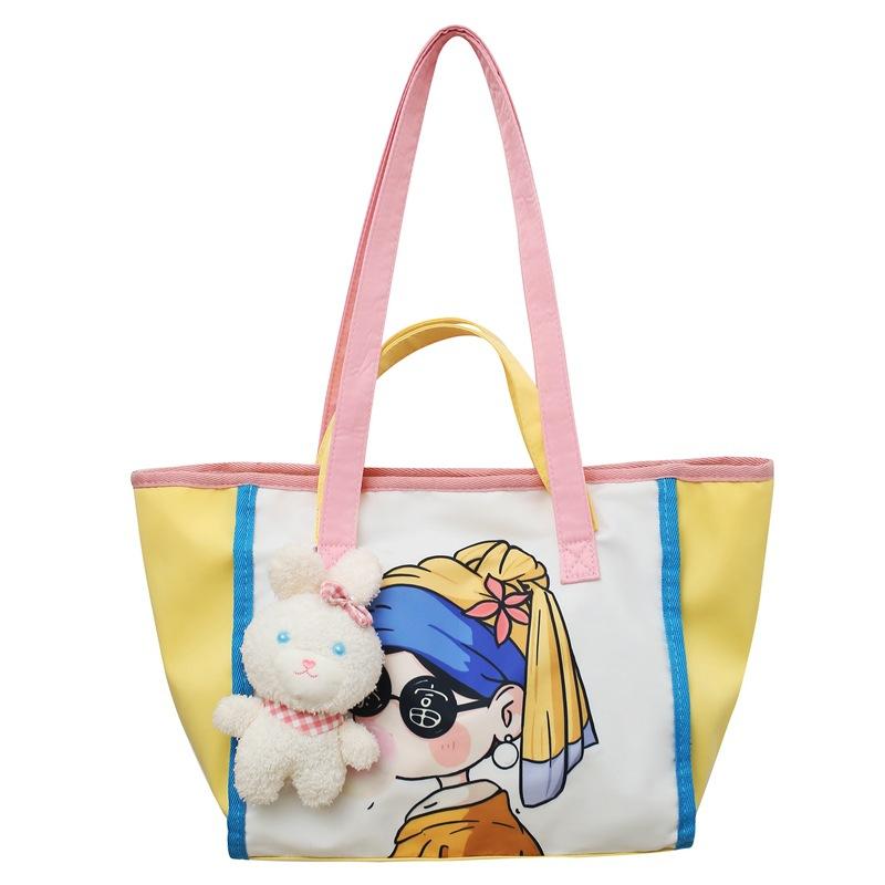 Large Capacity Portable Shoulder Cartoon Comic Bag Women's Bag Cute Daily Versatile College Student Class Canvas Tote Bag