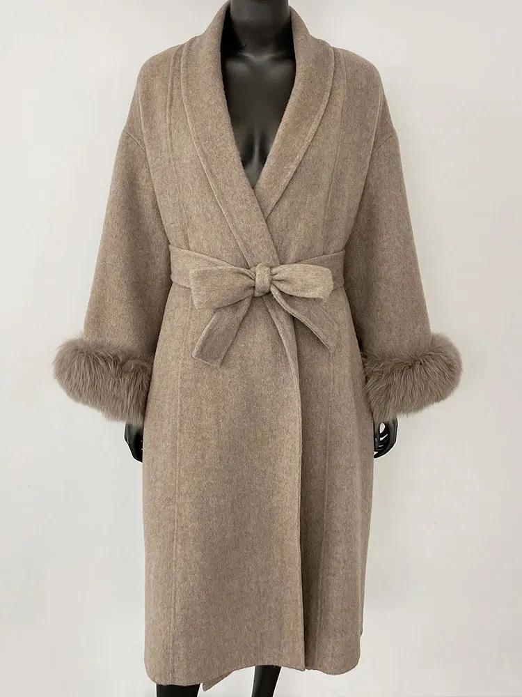 OFTBUY Oversize Loose Autumn Winter Women Coat Real Natural Fox Fur V-neck Woolen Blends Jacket Thick Warm Casual New Overwears