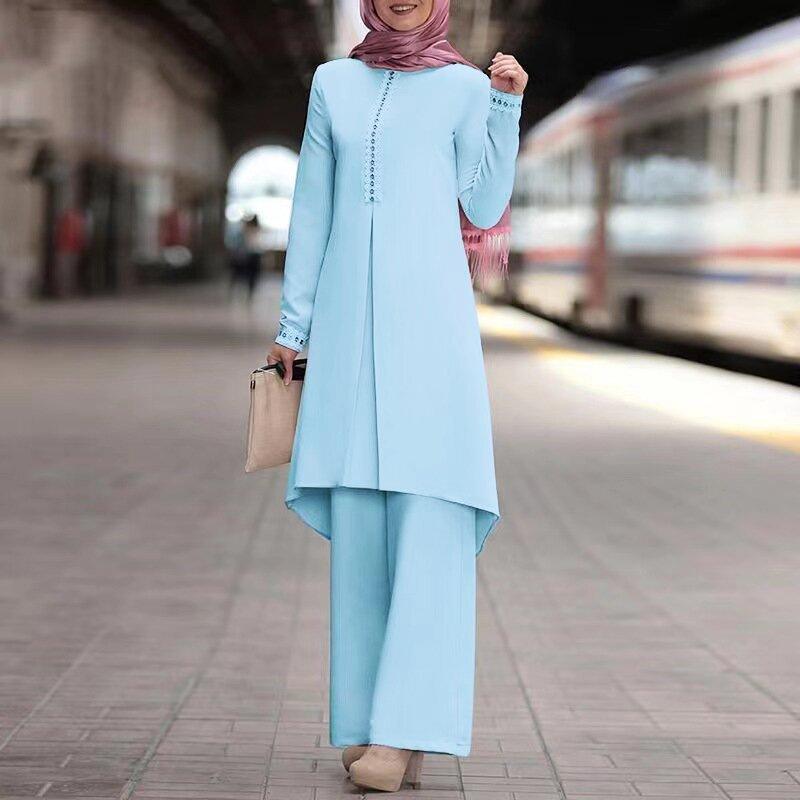 Hot-selling Middle Eastern Muslim Women's Suit Spring and Autumn Lace Long-sleeved Top Wide-leg Pants