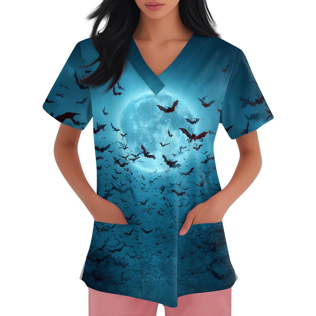 Damenmode Kurzarm Halloween Bedruckt V-Ausschnitt Tasche Arbeitskleidung Tops