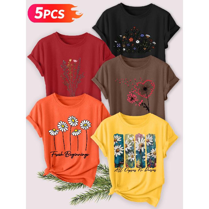Five-piece set Elegant short-sleeved shirt for women Artistic floral print round-neck women's short-sleeve shirt suitable for spring and summer
