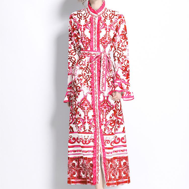 Primavera Otoño Pasarela Amarillo Rojo Azul Y Estampado Porcelana Blanca Bata Vestidos Maxi de Fiesta para Mujer con Volantes Manga Larga Acampanada Cinturón con Cordones