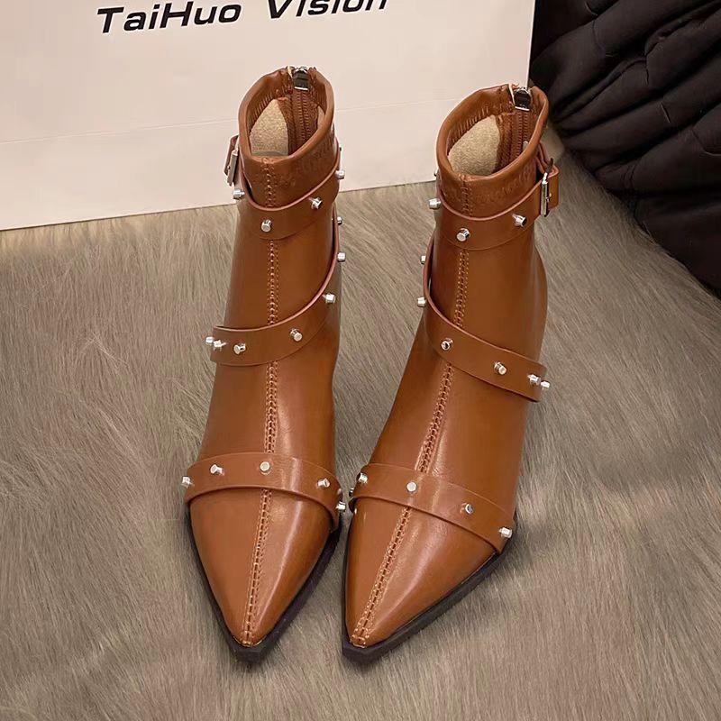 Fashion Women's Fine Heel Cotton Boots Winter New Pointy Head Back Zipper Rivet Anti-slip Wear-resistant Short Boots