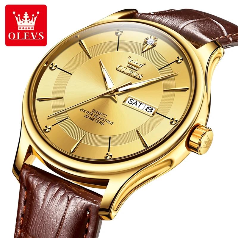 OLEVS Brand Fashion Quartz Watch Men Leather Strap Waterproof Luminous Week Date Business Mens Watches