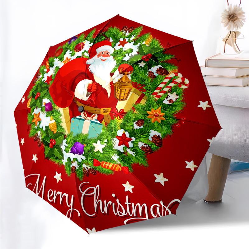 Santa Claus Deer Themed Folding Umbrella Fashion Auto-Open 8 Iron Ribs Plastic Handle Foldable Sunshade Perfect Christmas Gifts