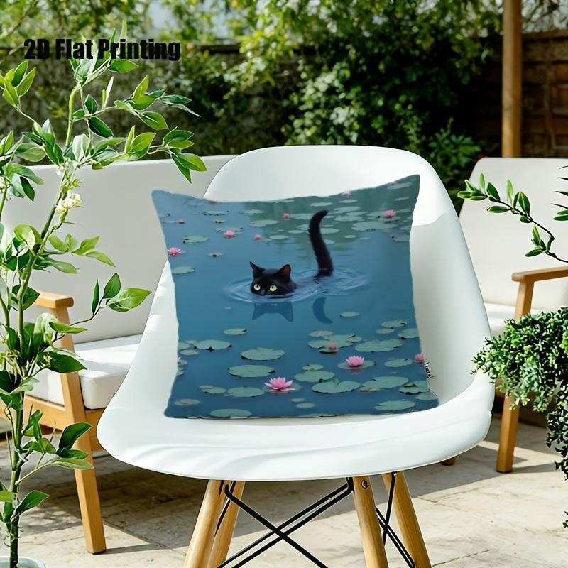 Black Cat In Water Lilies Pillowcase, Impressionist Art Cushion Cover, Nature Scene Decor, Unique Home Accent for Living Room