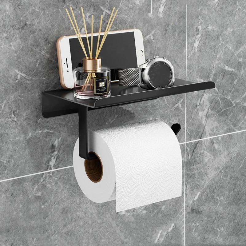 Toilet Paper Holder Phone Shelf 2 in 1 No Drill Wall Mount Bathroom Tissue Roll Storage Rack Organizer Bathroom Accessories