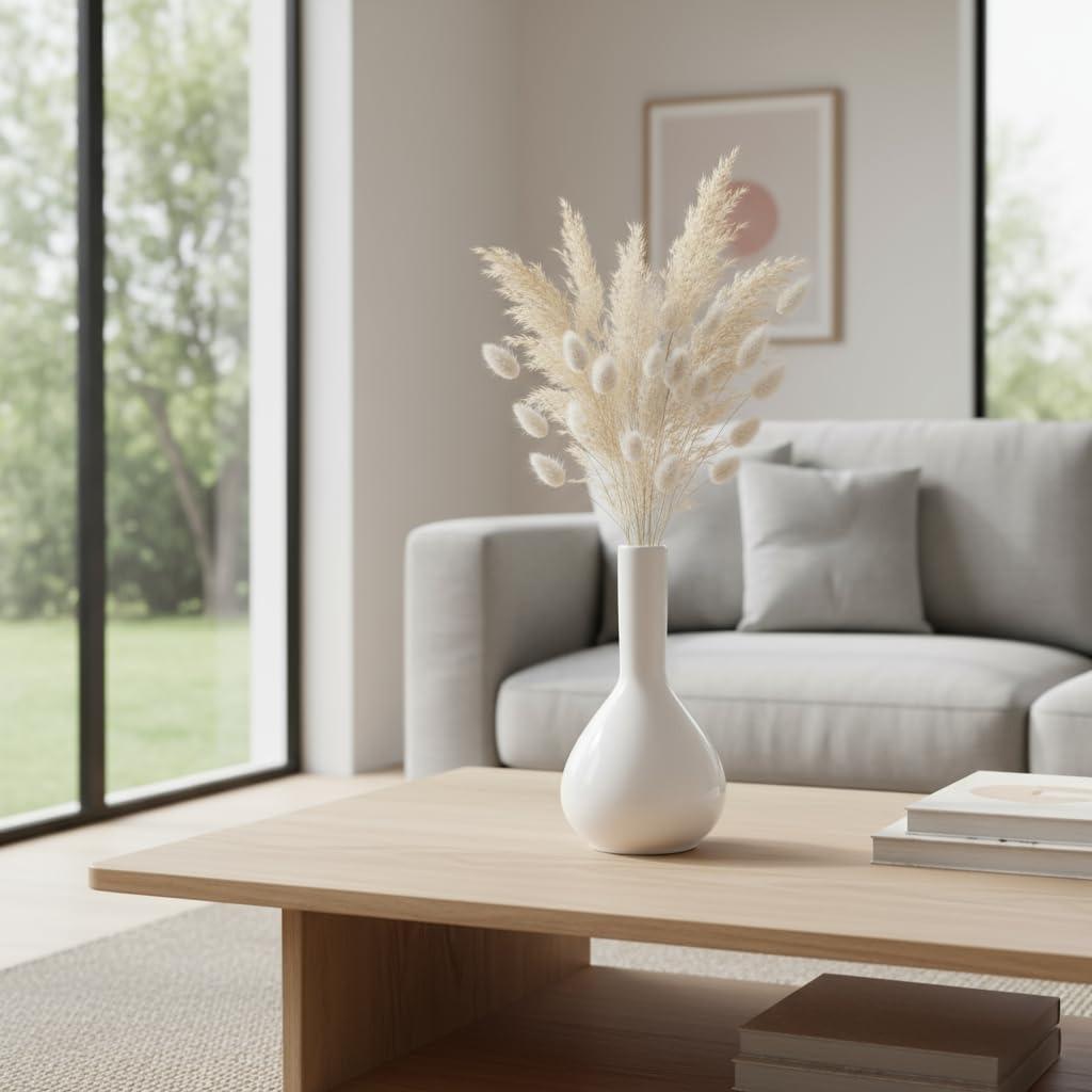Raindrop White Ceramic Bud Vase 5.31 Inch - Set of 1 | Glossy White Decorative Bud Vase for Dried Flowers & Pampas Grass