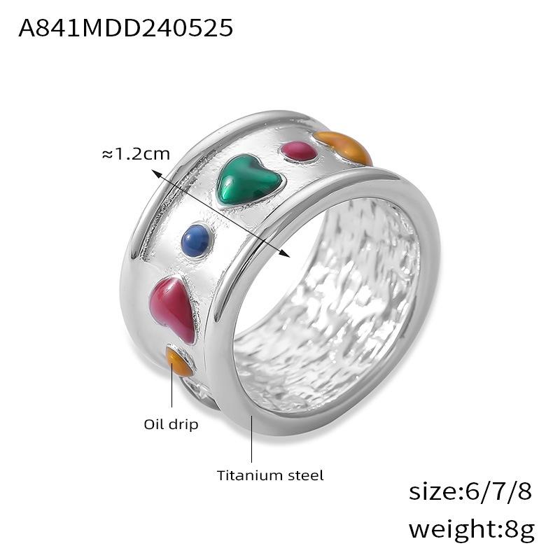 European Retro Love Heart 18k Gold Plated Titanium Steel Ring with Drip Glaze - Personalized Niche Luxury Design Size 8