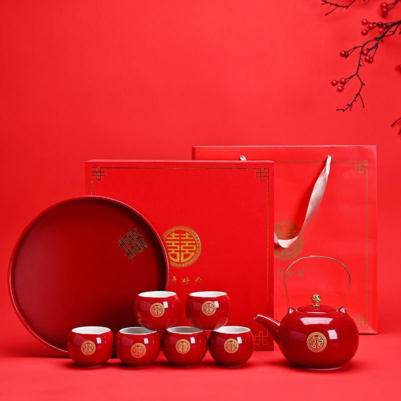 Red Chinese Wedding Tea Set: Complete Gift with Bride's Dowry Tray & Teapot