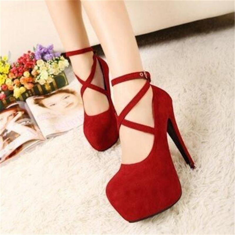 Fashion Shoes Woman Pumps Cross-tied Ankle Strap Wedding Party Shoes Platform Dress Women Shoes High Heels Suede Ladies Shoes Plus Size
