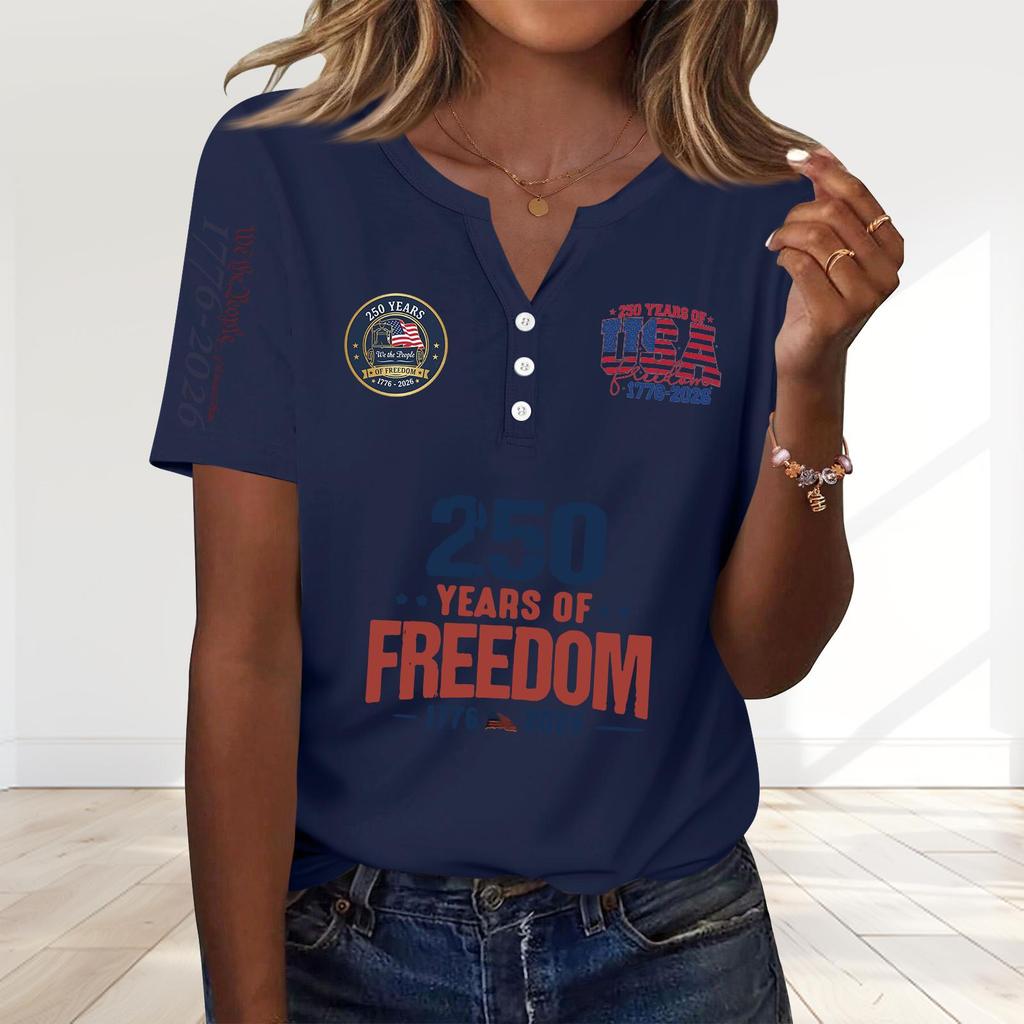 Women's Fashion Casual 250th Anniversary Independence Day Print V-Neck Short Sleeve Decorated Button-Up T-Shirt