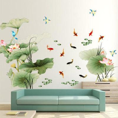 Autocollants muraux en Pvc Lotus carpe oiseau volant, papier peint auto-adhésif en vinyle de Style chinois pour chambre à coucher