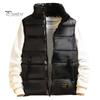 Men Thermal Vest Coat Stand Collar Sleeveless Zipper Closure Waistcoat with Pockets Design Golden Letter Print Vest Coat