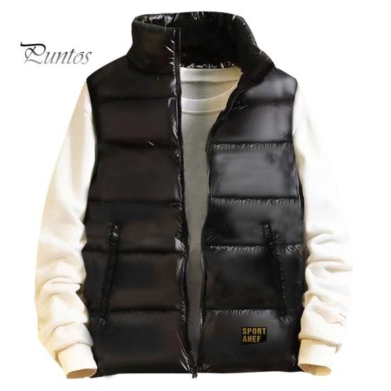 Men Thermal Vest Coat Stand Collar Sleeveless Zipper Closure Waistcoat with Pockets Design Golden Letter Print Vest Coat