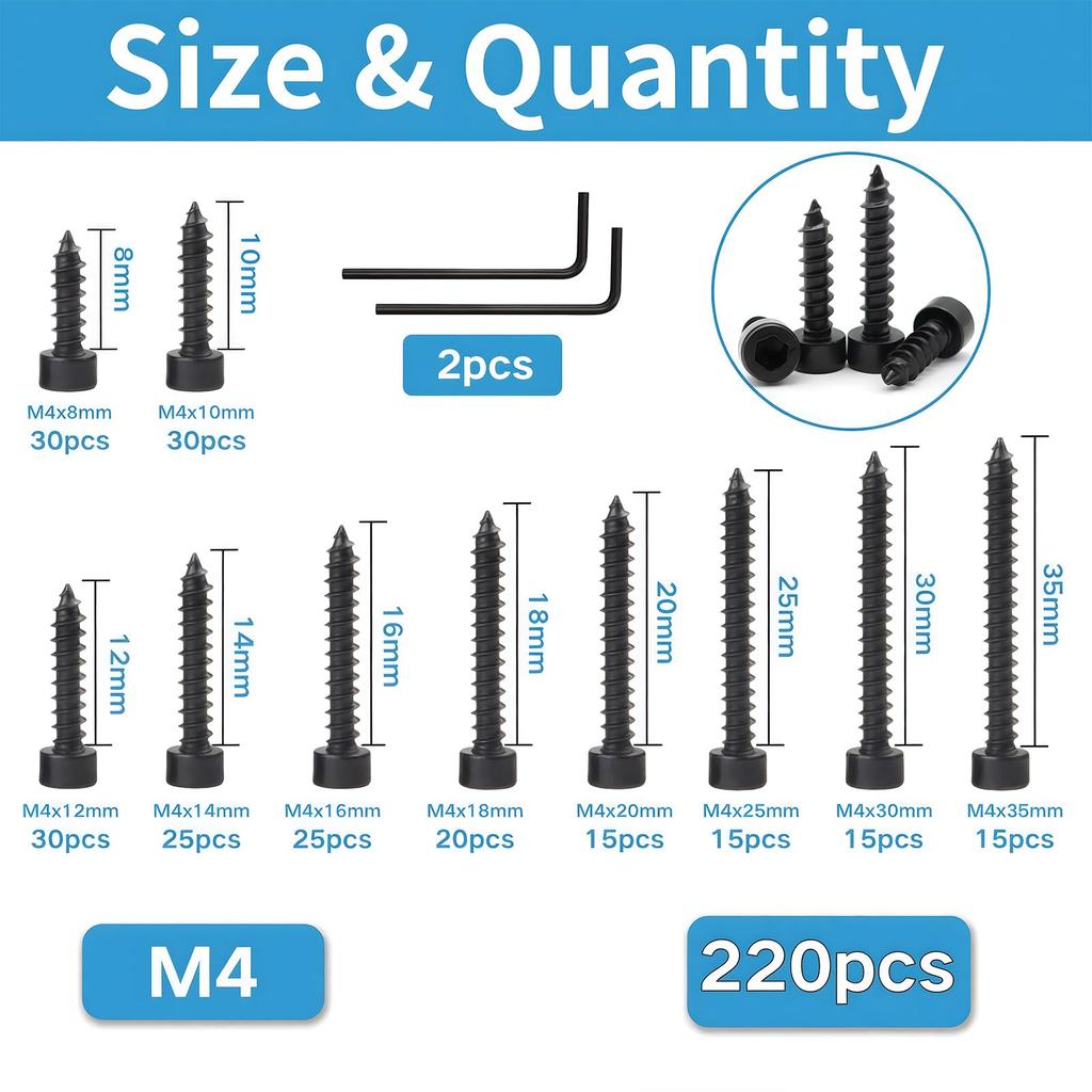 Zmbroll 220pcs M4 Hex Socket Head Cap Grade Black Carbon Hex Socket Sheet Metal Wood Screws with Wrench Self-Tapping Screws,