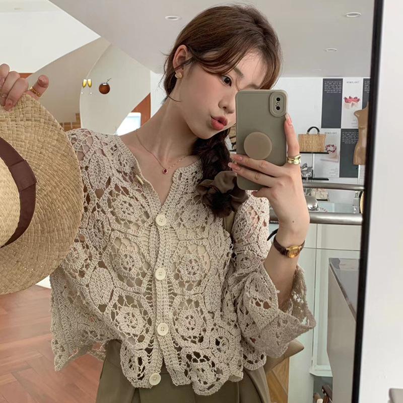 Dámská pletená háčkovaná krátká bunda Kostra Dlouhý rukáv Vnější Elegantní top